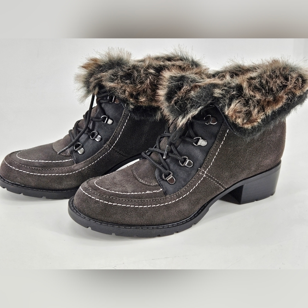 NEW Sporto HOLLY Women's Boots Sz 7.5M Leather & Faux Fur GRAY Lace Up Heeled